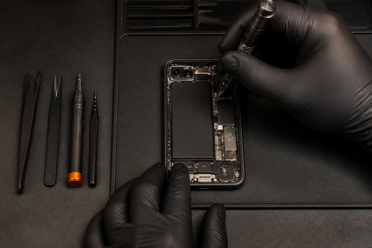 Hassas ekipmanlarla telefon üzerinde çalışan teknik servis uzmanı